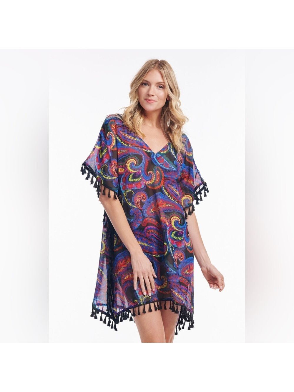 Mazu Swim Kaftan Coverup with Tassel Trim in French Paisley - Size 2X